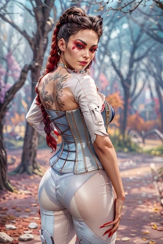 1girl, beautiful lobapex, white jacket, tattoo, corset, skirt, pants, choker, colored hair, makeup,  athletic, (wide hips, thick thighs:0.7), volumetric lighting, best quality, masterpiece, intricate details, tonemapping, sharp focus, very detailed, trending on Artstation, realistic  , photo_from_behind,looking_at_viewer