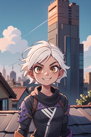 
Valk,white hair,short hair,brown eyes, orange bodysuit, smile, upper body,standing, outside,clouds,rooftop,cyberpunk, (insanely detailed, beautiful detailed face, masterpiece, best quality) solo,lofi,wraith (apex legends)