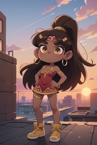 2.5D, an aztec girl, perfect body, black skin,brown skin,dark_skin_female ,hispanic , full body, traditional aztec clothes, 20 years old
long hair, ponytail, brown hair, yellow eyes, buff, outside,clouds,rooftop,cyberpunk, (insanely detailed, beautiful detailed face, gold streak in hair, gold_hoops, gold earings, red dress , white tunic
,Lofi,Girl,Sunrise, collarbone,Boy,Style