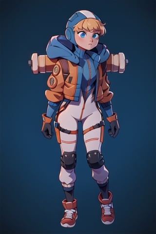 wattson (apex legends),bangs, blonde hair, blue eyes,  hooded bodysuit, bodysuit, white bodysuit, hood, jacket, orange jacket, gloves, knee pads, hooded jacket, blue gloves, ribbed bodysuit, blue bodysuit, thigh strap, cable, blue headwear,lofi