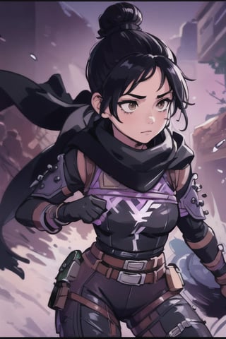 (masterpiece, best quality:1.2),  , wraith (apex legends), 1girl, solo, single hair bun, hair bun, bodysuit, scarf, black bodysuit, black hair, black scarf, belt, brown belt, gloves, black gloves, thigh strap, facing_away