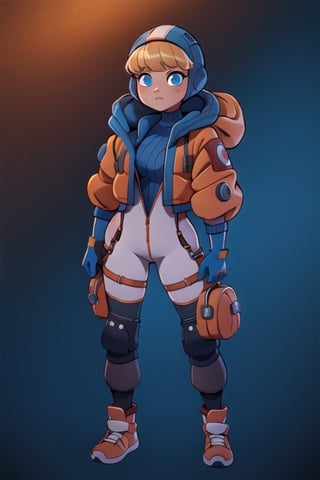 wattson (apex legends),bangs, blonde hair, blue eyes,  hooded bodysuit, bodysuit, white bodysuit, hood, jacket, orange jacket, gloves, knee pads, hooded jacket, blue gloves, ribbed bodysuit, blue bodysuit, thigh strap, cable, blue headwear,lofi, thicc_thighs