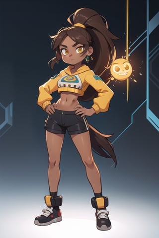 2.5D, an aztec girl, perfect body, full body, black skin,
long hair, ponytail, brown hair, yellow eyes, buff, cyber punk
 

