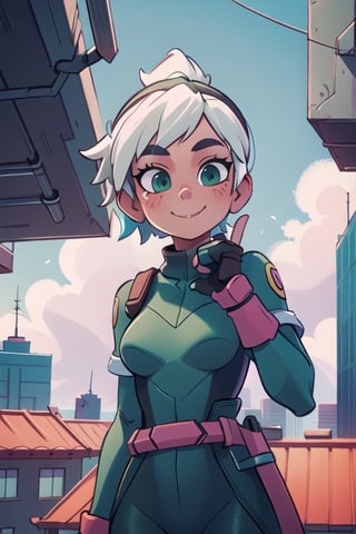 
Valk,white hair,short hair,green  eyes, smile, bodysuit ,upper body,standing, outside,clouds,rooftop,cyberpunk, (insanely detailed, beautiful detailed face, masterpiece, best quality) solo,Lofi,Girl,1girl,ahCat