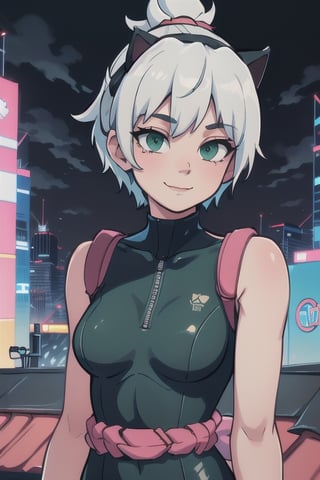 
Valk,white hair,short hair,green  eyes, smile, bodysuit ,upper body,standing, outside,clouds,rooftop,cyberpunk, (insanely detailed, beautiful detailed face, masterpiece, best quality) solo,Lofi,Girl,1girl,ahCat