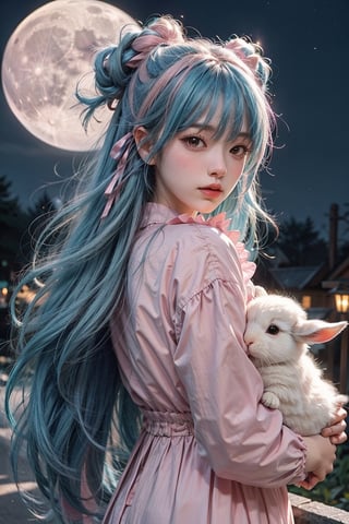 1girl, bluehair, pink hair, fullmoon behind, holding rabbit