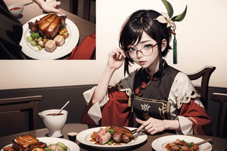 chinese girl, good looking with glasses, chinese outfit, red color outfit , zoom fo side face, sloppy eat pork chop, background chinese market, splashing plate of chinese food,venti (genshin impact)
