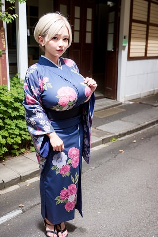 beautiful girl ,big boobs ,beautiful kimono  , short hair   , thailand street , grey hair , 