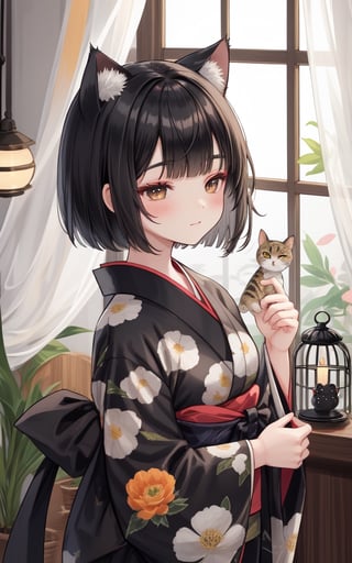 dal-3, 1girl, solo, short hair, black hair, holding, animal ears, closed mouth, upper body, japanese clothes, indoors, cat ears, blunt bangs, wide sleeves, kimono, black eyes, window, makeup, animal, looking down, half-closed eyes, floral print, bob cut, cat, bug, curtains, fish, lantern, holding animal, black cat, cage, goldfish, fish print, loaded interior
