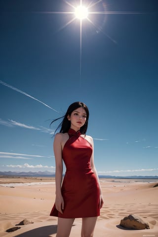 Depth, shadows. A magical, mystical, 4k render, intricate, digital painting, A highly detailed concept art by wlop, trending on artstation, trending on artstation, very coherent symmetrical artwork, (cinematic:1.28),  hyper realism, high detail, octane, a woman in a flowing red dress, standing atop a sand dune overlooking a vast desert landscape. The sun dips below the horizon, casting long shadows and painting the sky in fiery hues. The silence is broken only by the whisper of wind, and the woman's expression is one of quiet contemplation amidst the stark beauty of nature's harshest embrace.Chinese girl, 22 years old, very beautiful,

