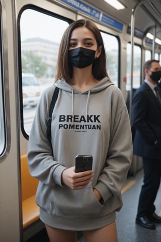 score_9, score_8_up, score_7_up, score_6_up, 
BREAK , 
source_real, raw, photo, realistic,  
BREAK, 

on public transportation. A young woman, wearing a face mask, is standing on what appears to be a train or subway car. She is wearing an oversized grey sweatshirt but has very little else covering her lower body, raising potential issues of privacy and inappropriate public exposure. There is another passenger visible in the background, looking at their phone while this situation unfolds nearby.