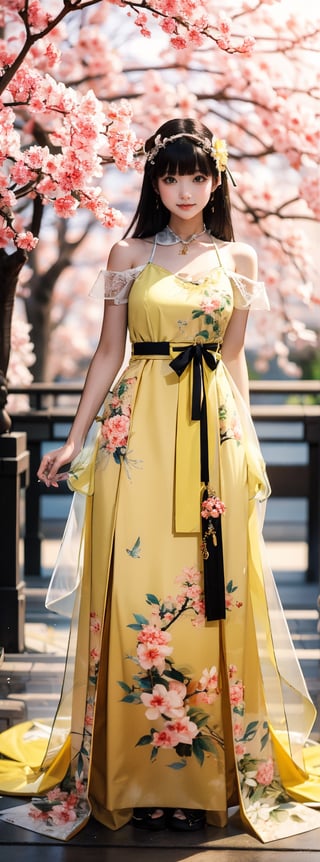 A 16-year-old Japanese beauty,in the sakura flowers.Turn slightly,yellow dress