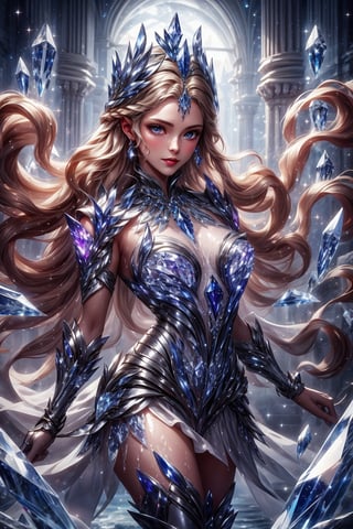 Odette with crystalline armor and flowing robes adorned with shimmering gemstones. Her hair should cascade like liquid crystal, with a crown of sparkling gems. Her abilities should manifest as bursts of radiant energy and crystalline shards. The surrounding should be a crystalline palace with glowing pillars of crystal, reflecting prisms of light, and a shimmering crystal lake, Odette_ML