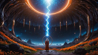 (Cinematic of a zen master Nordic man kind, white long hair, hovering body, meditate. Wearing Blue Outfit Dune style, serene), inside a deep orange Cave, perfect knuckles, holding a hovering Cristal sharpen, magical, abstract, dark, swirling lights, bloom, floating object, light on top heaven, ((Epic scene, gate energy)), refers to a place of wild uproar or chaos, polarization, Glowing, aura, energy, floating debris. Modern art style, promptshare.art, horrible scene, Film Still, realistic, Frequency vibration, hyper details, Renaissance Sci-Fi Fantasy, (Closeup_shot:2, Low Angle)