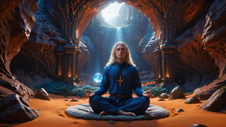 (Cinematic of a young Nordic man, white long hair, meditating. Wearing Blue Outfit Dune style, serene), inside a deep orange Cave, perfect knuckles, holding a hovering Cristal sharpen, light on top heaven, ((Epic scene, gate energy)), refers to a place of wild uproar or chaos, polarization, Glowing, aura, energy, floating debris. Modern art style, promptshare.art, horrible scene, Film Still, realistic, Frequency vibration, hyper details, Renaissance Sci-Fi Fantasy, (Close up shot,portrait)