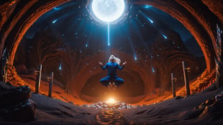 (Cinematic of a zen master Nordic man kind, white long hair, hovering body, meditate. Wearing Blue Outfit Dune style, serene), inside a deep orange Cave, perfect knuckles, holding a hovering Cristal sharpen, light on top heaven, ((Epic scene, gate energy)), refers to a place of wild uproar or chaos, polarization, Glowing, aura, energy, floating debris. Modern art style, promptshare.art, horrible scene, Film Still, realistic, Frequency vibration, hyper details, Renaissance Sci-Fi Fantasy, (Close up shot,Low Angle)