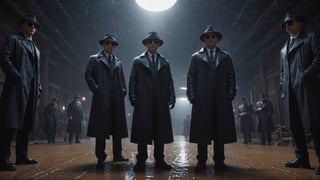 (((view from below, looking down, close up shot, First-person camera))), Cinematic of 4 men in black coats, Fedora hat, sunglasses, gloves, standing around a man as camera laying on stable, wet, mire, dark scene, heavy rain, overcast sky, mid-century. Film Still, realistic, dark color, hyper details, ((center:2)), Masterpiece, 8k Resolution Artstation, Unreal Engine 5, Cgsociety, Octane Photograph, sharp focus, Low_Angle:1.7, view from shoes to face, looking camera.