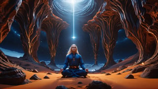 (Cinematic of a zen master Nordic man kind, white long hair, hovering body, meditate. Wearing Blue Outfit Dune style, serene), inside a deep orange Cave, perfect knuckles, holding a hovering Cristal sharpen, light on top heaven, ((Epic scene, gate energy)), refers to a place of wild uproar or chaos, polarization, Glowing, aura, energy, floating debris. Modern art style, promptshare.art, horrible scene, Film Still, realistic, Frequency vibration, hyper details, Renaissance Sci-Fi Fantasy, (Closeup_shot:2, Low Angle)