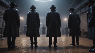 (((view from below, looking down, close up shot, First-person camera))), Cinematic of 4 men in black coats, Fedora hat, sunglasses, gloves, standing around a man as camera laying on stable, wet, mire, dark scene, heavy rain, overcast sky, mid-century. Film Still, realistic, dark color, hyper details, ((center:2)), Masterpiece, 8k Resolution Artstation, Unreal Engine 5, Cgsociety, Octane Photograph, sharp focus, Low_Angle:1.7, view from shoes to face