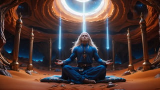 (Cinematic of a zen master Nordic man kind, white long hair, hovering body, meditate. Wearing Blue Outfit Dune style, serene), inside a deep orange Cave, perfect knuckles, holding a hovering Cristal sharpen, light on top heaven, ((Epic scene, gate energy)), refers to a place of wild uproar or chaos, polarization, Glowing, aura, energy, floating debris. Modern art style, promptshare.art, horrible scene, Film Still, realistic, Frequency vibration, hyper details, Renaissance Sci-Fi Fantasy, (Closeup_shot:2, Low Angle)