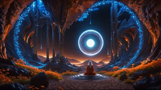 (Cinematic of a zen man Nordic kind, white long hair, hovering body, meditating. Wearing Blue Outfit Dune style, serene, center), inside a deep orange Cave, perfect knuckles, holding a hovering Cristal sharpen, cultivating immortals, magical, abstract, dark, (swirling_lights:1.7), bloom, floating objects, iron deer, light on top heaven, ((Epic scene, gate energy)), refers to a place of wild uproar or chaos, polarization, Glowing, aura, energy, floating debris. Modern art style, promptshare.art, horrible scene, Film Still, realistic, Frequency vibration, hyper details, Renaissance Sci-Fi Fantasy, ((((Close-up shot)))