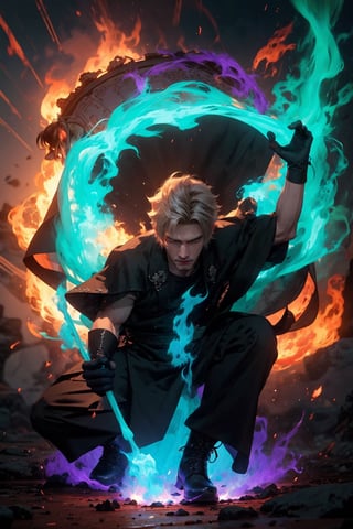 1boy, soft boy, soft mustache, detailed face realistic, thin nose, long_black_hair, long_bangs, slicked_back_hair, (detailed hair:1.3), pale skin, (Japanese Fashion), ((white monk cloth)), black gloves, black boots, shining glow, Ki Charge, GREEN FIRE, BLUE FIRE, PURPLE FIRE,(((niji3))), (mantra),prompto argentum ,r1ge
