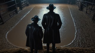 (((Cinematic of team man in black coats, Fedora hat, standing around a person lay down on stable, wet, mire, close up shot))), dark scene, heavy rain, mid-century. Film Still, realistic, dark color, hyper details, ((center:1.5)), top_view:2, circle,cinematic  moviemaker style