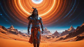 Cinematic of giant_man, (((Shiva_walking_in_the_sky:2))), upper_body, Wearing Outfit Dune style, serene, center, a deep orange Cave, Glowing, aura, energy, floating debris, Film Still, realistic, Venus Frequency vibration, hyper details, Renaissance Sci-Fi Fantasy, dust storm, close up shot, eye shot