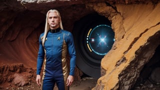 (((1male))), A young_man is Commander, (((long_white_hair))), Nordic Male, sharp face, blue skin tight space suit, ((( 1logo gold star trek on chest))), bleu_gentle_eyes, extremely pale skin, ((standing on red cave)), fantasy, (dark red atmosphere), high quality, UE5, super detailed object, Golden_Ratio_1.618, Photorealistic, smirked, without helmet, DonMl1ghtning, ((Depth of field)), ((focal length 85mm))