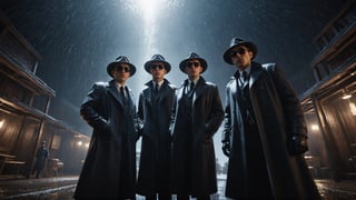 (((view from below, looking down, holding a plasma object, First_person_camera:1.8, fish_eye_camera))), Cinematic of 4 men in black coats, Fedora hat, sunglasses, gloves, standing around a man as camera laying on stable, wet, mire, dark scene, heavy rain, overcast sky, mid-century. Film Still, realistic, dark color, hyper details, ((center:2)), Masterpiece, 8k Resolution Artstation, Unreal Engine 5, Cgsociety, Octane Photograph, sharp focus, Low_Angle:1.8, view from ground to face, looking camera.