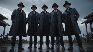 (((view from below, looking down, close up shot, First-person camera))), Cinematic of 4 men in black coats, Fedora hat, sunglasses, gloves, standing around a man as camera laying on stable, wet, mire, dark scene, heavy rain, overcast sky, mid-century. Film Still, realistic, dark color, hyper details, ((center:2)), Masterpiece, 8k Resolution Artstation, Unreal Engine 5, Cgsociety, Octane Photograph, sharp focus, Low Angle, view from shoes
