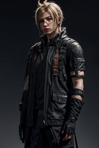 a 30 yo man, handsome, ginger long hair, wearing glasses, dark theme, black_clothing, hold in hand a cigarette, soothing tones, muted colors, high contrast, (natural skin texture, hyperrealism, soft light, sharp), blue background, simple background, shine, (((urban techwear))), techwear:1.4,(((prompto argentum))), ffxiv:1.4, detailed_hand:1.3