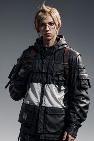 a 30 yo man, handsome, ginger long hair, wearing glasses, dark theme, black_clothing, hold in hand a cigarette, soothing tones, muted colors, high contrast, (natural skin texture, hyperrealism, soft light, sharp), blue background, simple background, shine, (((urban techwear))), techwear:1.4,(((prompto argentum))), ffxiv:1.4, cinematic, movie still, detailed_hand, realistic,
