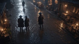 (((view from above, looking down))), Cinematic of group man in black coats, Fedora hat, standing around a man dead on stable, wet, mire, close up shot, dark scene, heavy rain, mid-century. Film Still, realistic, dark color, hyper details, ((center:1.5)), top_view:2, circle, Masterpiece, 8k Resolution Artstation, Unreal Engine 5, Cgsociety, Octane Photograph, sharp focus