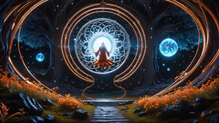 (Cinematic of a zen man Nordic kind, white long hair, he_levitating:2, he flying, calm, upper_body. Wearing Blue Outfit Dune style, serene, center), inside a deep orange Cave, perfect knuckles, holding a hovering Cristal sharpen, cultivating immortals, magical, abstract, dark, (swirling_lights:2), bloom, floating objects, Accient Tree of Life, light on top heaven, ((Epic scene, gate energy)), refers to a place of wild uproar or chaos, polarization, Glowing, aura, energy, floating debris. Modern art style, promptshare.art, horrible scene, Film Still, realistic, Frequency vibration, hyper details, Renaissance Sci-Fi Fantasy, ((((Close-up_shot:2)))