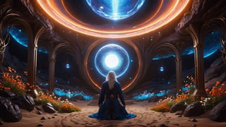 (Cinematic of a zen master Nordic man kind, white long hair, hovering body, meditate. Wearing Blue Outfit Dune style, serene), inside a deep orange Cave, perfect knuckles, holding a hovering Cristal sharpen, magical, abstract, dark, swirling lights, bloom, floating object, light on top heaven, ((Epic scene, gate energy)), refers to a place of wild uproar or chaos, polarization, Glowing, aura, energy, floating debris. Modern art style, promptshare.art, horrible scene, Film Still, realistic, Frequency vibration, hyper details, Renaissance Sci-Fi Fantasy, (Closeup_shot:2, Low Angle)