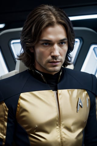 ((1male)), a young male, blond hair, (((long hair))), Pleiadian man, Nordic Caucasian man, Ashtar Sheran, sharp face, blue skin tight space suit, (((logo star trek in gold on chest))), bleu eyes, gentle eyes, extremely pale skin, shapeshifter, fantasy, otherworldly atmosphere, high quality, super detailed, Photorealistic, facial portrait, smirked, without helmet, inside of spaceship ,Game of Thrones,samus aran,4ry4