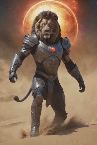 Cinematic of black_lion with glowing red eyes, ultra-detailed, realistic, sharp focus, dark fierce expression, long beard, ferocious gaze, sinister grin, battle scars, strength and power, dominance, authority, proud, mythical, ancient, legendary, luxurious fur trim, deep shadows, intense eyes, full_body, Epic scene, magnetic field, ((a person wearing Outfit Dune style go ahead)). Universe, galaxy, Glowing, aura, energy, floating debris, Film Still, realistic, Venus Frequency vibration, hyper details, mad eyes, Renaissance Sci-Fi Fantasy, dust storm, High Angle, accient pagoda, Movie Poster,Sci-fi ,shards