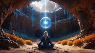 (Cinematic of a young Nordic man kind, white long hair, meditating. Wearing Blue Outfit Dune style, serene), inside a deep orange Cave, perfect knuckles, holding a hovering Cristal sharpen, light on top heaven, ((Epic scene, gate energy)), refers to a place of wild uproar or chaos, polarization, Glowing, aura, energy, floating debris. Modern art style, promptshare.art, horrible scene, Film Still, realistic, Frequency vibration, hyper details, Renaissance Sci-Fi Fantasy, (Close up shot,portrait)