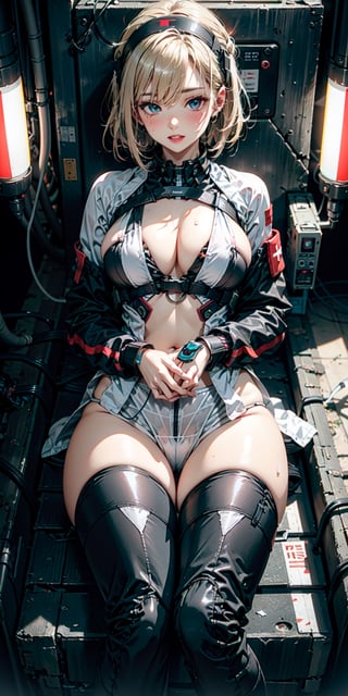 25 years old japanese female space fighter medic in cyro pot in combat medic suit, hand holding hand, lying down, and rejoined the cyro orange pot, cyro pot have space pillow, Cyberpunk Visor, High-tech graphics throughout the outfit, Best quality at best, ​masterpiece, sexy lying down position, perfect body figure, white and pink outfit, blonde straight hair, nurse, thigh right position, blue eyes, glossy red lips, sweat face, blushing cheeks,edgGaruda_hoodie, perfect female body hour glass, big chest no bra, bare nipples,futureaodai