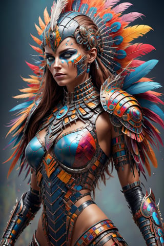 An Amazon cyborg warrior woman, covered in detailed intricate colorful feathered tech armor, splash art, fractal art, colorful, a winner photo award, detailed photo, Arnold render, 16K,cyborg style,biopunk style
