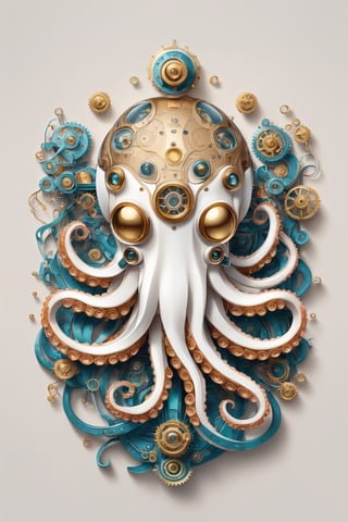 Intricate vector illustration design of a mechanical steampunk cyborg robot octopus for t-shirt, 3-6-9 pattern. Elegant, sophisticated, ornate details, muted color scheme, subtle gradients. Art and mathematics fusion, hyper detailed, trending at artstation, sharp focus, studio photography, intricate detail, highly detailed, centered, perfect symmetrical, bright color, solid white background, made with adobe illustrator, in the style of Studio Gibli, 3d style, nature