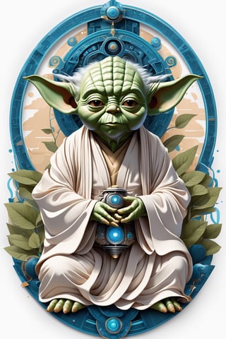Intricate vector illustration design of a biomechanical cybernetic ancient yoda for t-shirt, 3-6-9 pattern. Elegant, sophisticated, ornate details, muted color scheme, subtle gradients. Art and mathematics fusion, hyper detailed, trending at artstation, sharp focus, studio photography, intricate detail, highly detailed, centered, perfect symmetrical, bright color, solid white background, made with adobe illustrator, in the style of Studio Gibli, 3d style, nature