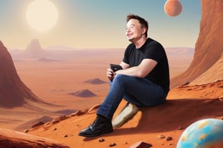 bl3uprint,ff14bg,isometric,Best quality, masterpiece, ultra high res, (photorealistic:1.4), , in the sunny day, daytime, happy,(photorealistic:1.4), a photo of elon musk, sitting on a rock on planet mars, eating a donut, (text: "My very first mars mission":1.4)