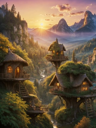 valley, fairytale treehouse village covered, , matte painting, highly detailed, dynamic lighting, cinematic, realism, realistic, photo real, sunset, detailed, high contrast, denoised, centered, michael whelan