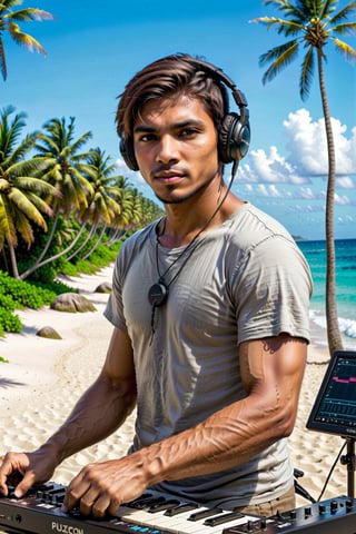 Create a vivid scene for stable diffusion featuring a male music producer immersed in his creative process outdoors, surrounded by the tranquil backdrop of a beach with coconut trees. The setting showcases an array of electronic music production equipment, instruments, and gear. Capture the positive essence of the musician, emphasizing his short hair, and light brown skin. Encourage the artist to express his passion for music freely within this idyllic coastal environment