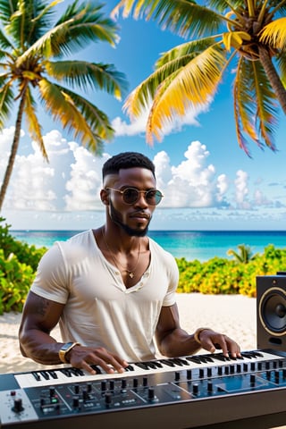 an African American music producer in a serene coastal setting. Imagine a male musician surrounded by electronic music production equipment, instruments, and gear outdoors, against the backdrop of a beach with coconut trees. Highlight the positivity radiating from the artist and emphasize his short hair and rich, dark skin tone. Encourage the portrayal of a scene where this talented African American musician is deeply engaged in the creative process, expressing his love for music within the beauty of the natural surroundings.






Craft a stable diffusion prompt centered around an African American music producer in a serene coastal setting. Imagine a male musician surrounded by electronic music production equipment, instruments, and gear outdoors, against the backdrop of a beach with coconut trees. Highlight the positivity radiating from the artist and emphasize his short hair and rich, dark skin tone. Encourage the portrayal of a scene where this talented African American musician is deeply engaged in the creative process, expressing his love for music within the beauty of the natural surroundings