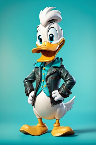 Caricature figure of donald duck, head, legs, feet, wearing leather jacket, teal dimentional background, high-res