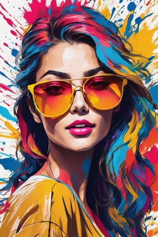 Leonardo Style,RAW tshirt design, paintbrush splash, centralized, colorfull woman with sunglasses face , CG illustration, white background, pop color,  8k wallpaper, high-res