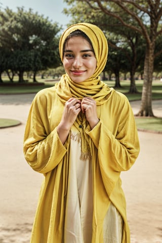 smiling Muslim woman, with a yellow shirt and blue hejab, she squares her hand, standing, in the park, complementary color grading, commercial photography, commercial lighting, photography, realistic,m4d4m